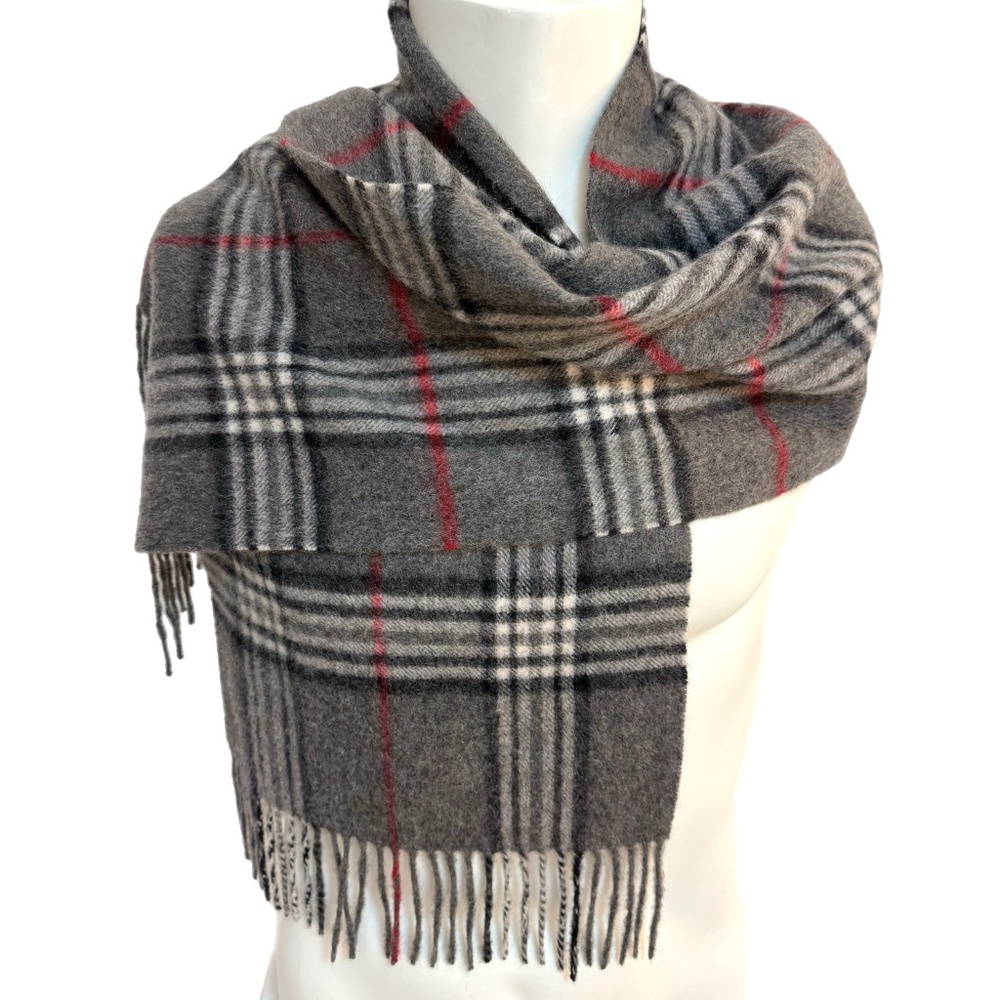 Joseph Abboud 100% Cashmere Plaid Scarf – Grey, Red & White Check